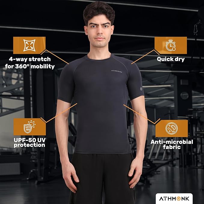 Athmonk Compression T-Shirt Vest Body Shaper Half Sleeve for Men Boys Branded - Nylon Lycra Fabric - Workout Gym Cricket Football Sports Training - Keep Dry Tight Skin Fit - Round Neck